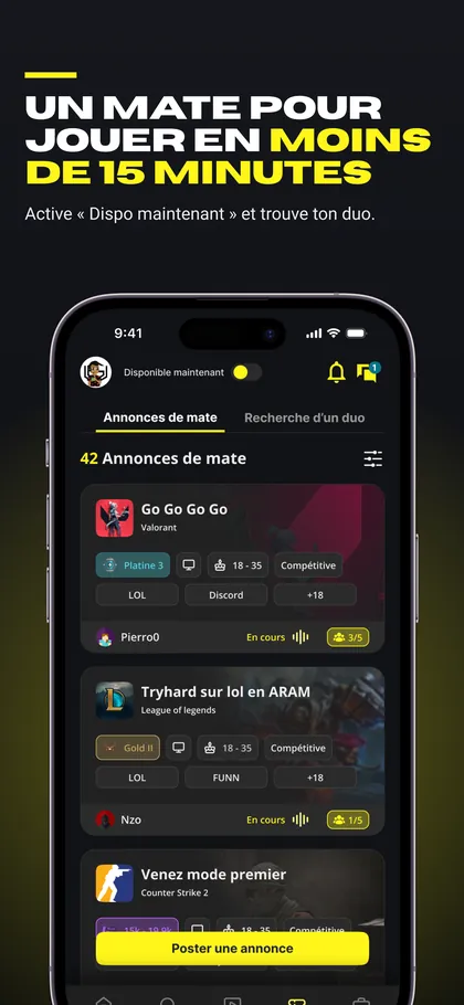 Application Mately : annonces pour trouver des coéquipiers