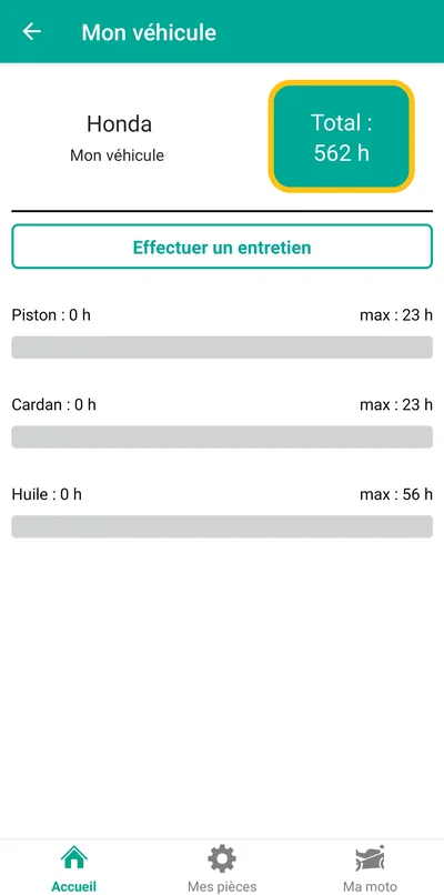Application Nexis : fiche d'une moto avec le compteur d'heures et l'usure des pièces