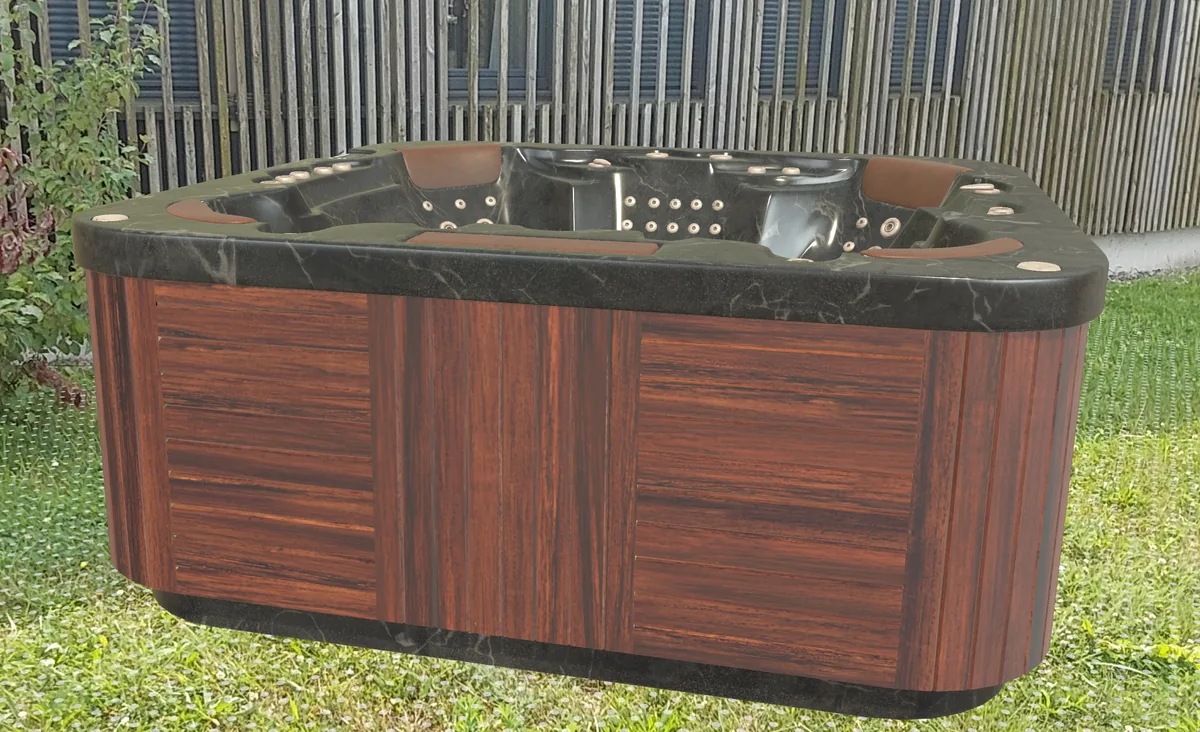 Application Ogmentis : un spa configuré en 3D posé en réalité augmentée dans un jardin